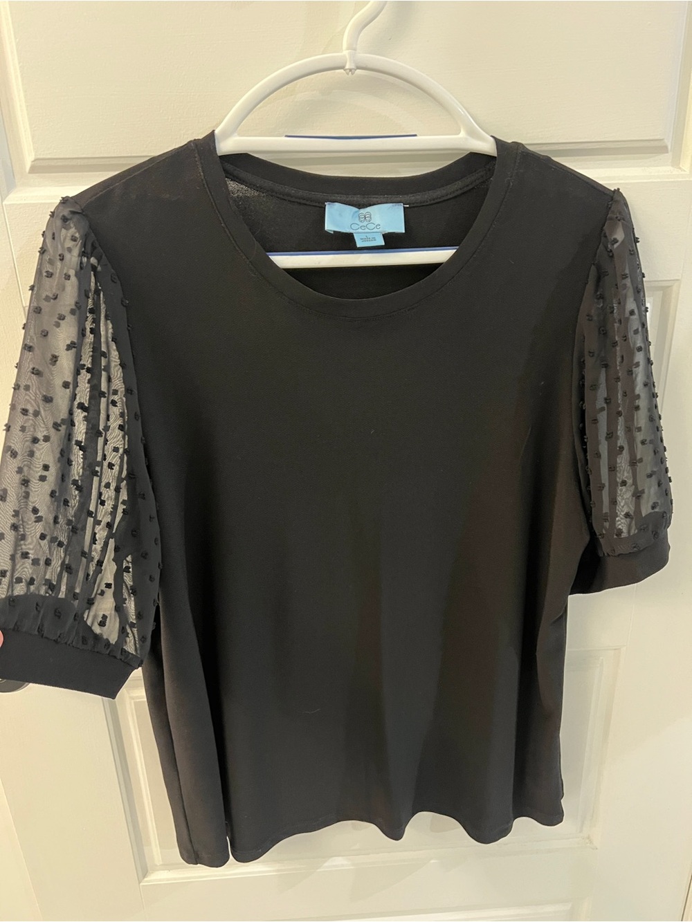 CeCe Black Short Sleeve Tee with Sheer Swiss Dot Puff Sleeves
